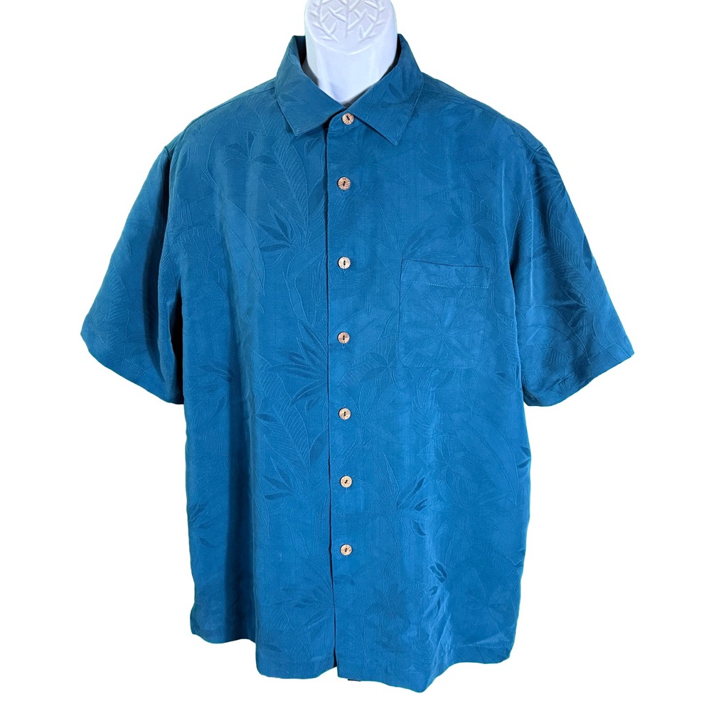 Caribbean Button Down Shirt Mens XL Blue Tropical Jacquard Short Sleeve